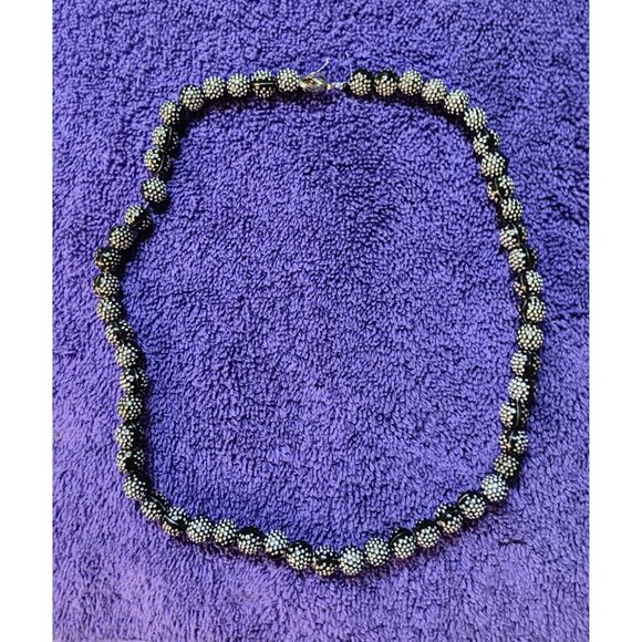 Black & Silver Beaded Necklace With Textured Round Beads & Lobster Clasp - Picture 1 of 3